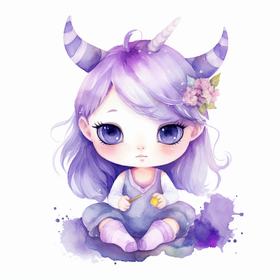 Purple Baby Unicorn kids watercolor horse cartoon