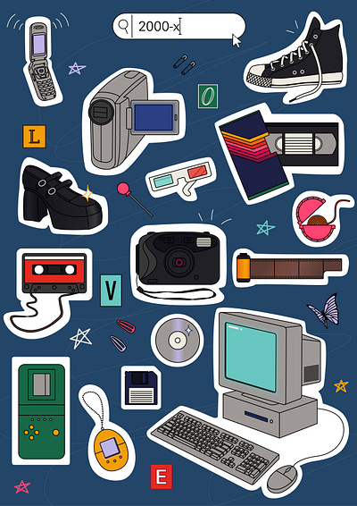 Vector 2000s and y2k trendy stickers set 00s 2000s colorful graphic design illustration nostalgia old fashioned sticker vector y2k