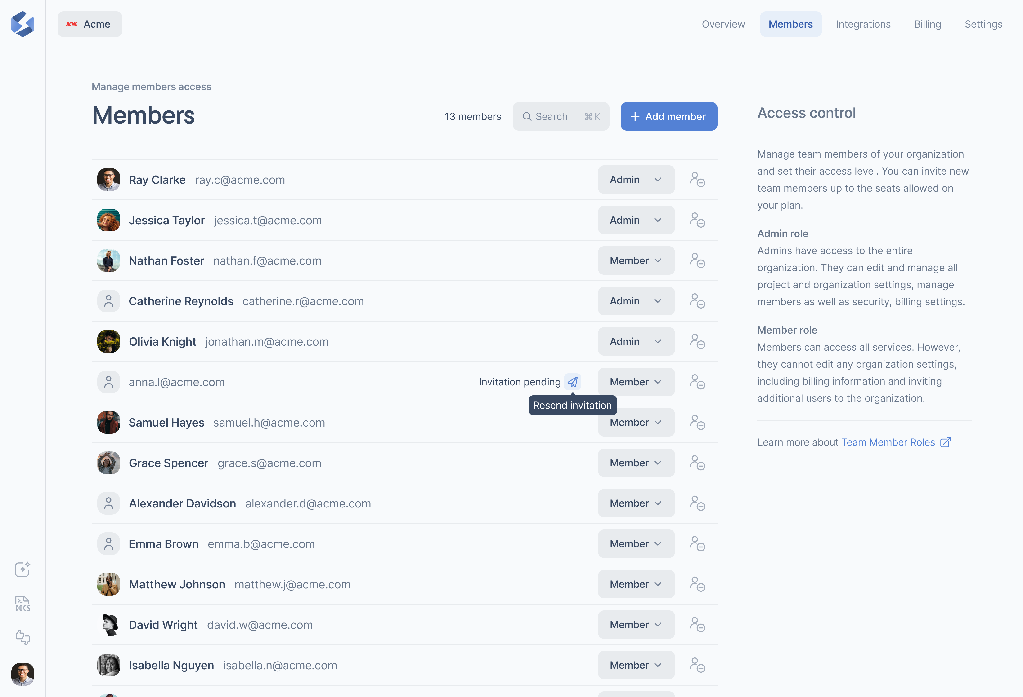 Organization Access Control - Team Members List actions adding users blue dialogs figma forms interactions list members minimal modals product design saas settings table ui user list users web