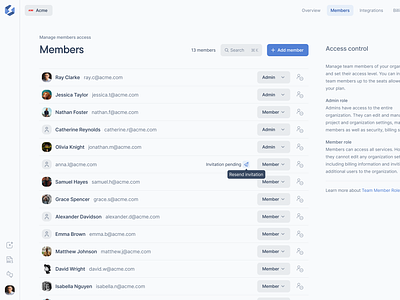 Organization Access Control - Team Members List actions adding users blue dialogs figma forms interactions list members minimal modals product design saas settings table ui user list users web