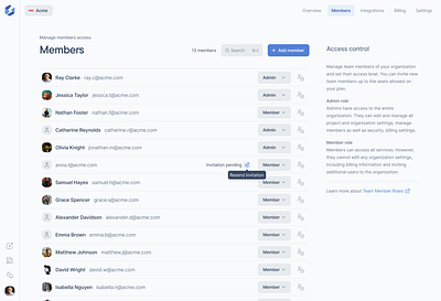 Organization Access Control - Team Members List actions adding users blue dialogs figma forms interactions list members minimal modals product design saas settings table ui user list users web