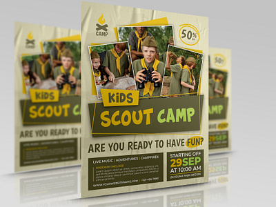 Scouts Summer Camp Flyer Template activity advanture business camp camping corporate design flyer holiday illustration kids leaflet poster school summer