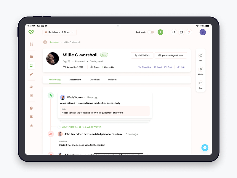 Carejompo Resident detail - an Elderly Care management system app care dashboard data detail elderly healthcare management medication medicine nursery nursing patient profile resident saas timeline tracking web