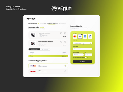 Daily UI #002 | Venum Credit Card Checkout app branding checkout credit card credit card checkout daily 100 challenge dailydesign dailyui dailyuichallenge design figma logo mma sport ui uidesigner ux uxdesigner venum webdesign