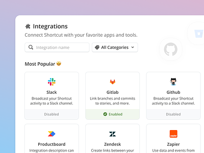 Integrations Dialog categories connect dialog github integrations search shortcut slack
