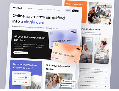 Smart bank - online payments simplified into a single card. bank banking branding clean interafce clean landing page credit cards design graphic design interface investiment landing page payments platform product design saas saas website smart typography ui ux