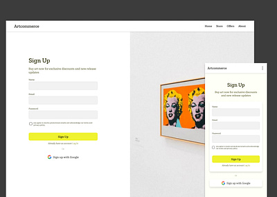 Artcommerce - Buy or sell art in minutes art website desktop login mobile signup ui visual design