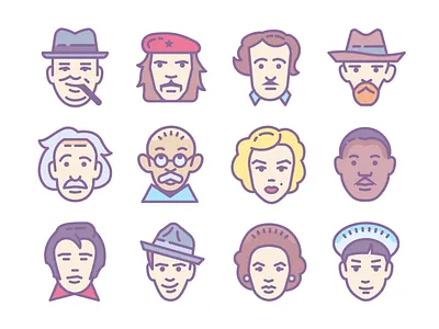 Historical figures icons audrey hepburn che guevara churchill coco chanel einstein elvis presley frank sinatra gandhi icon illustration marilyn monroe martin luther king van gogh vector