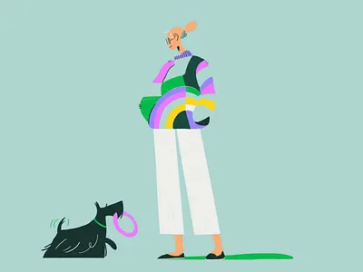 Negative Space - Woman and Dog animation frame character design digital illustration dog editorial illustration fashion design fashion illustration green illustration illustration art illustration for animation illustrator negative space park purple scottie dog self care sweater walk woman