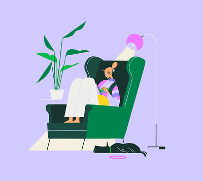 Negative Space - Woman in Chair armchair bird of paradise branding illustration character character design digital illustration dog editorial illustration fashion illustration green green and purple houseplant illustration illustration art illustration for animation illustrator lilac living room palm tree terrier