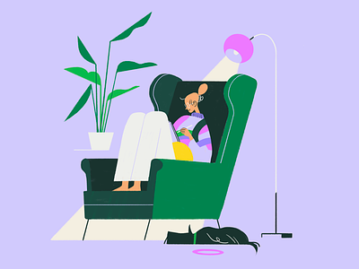 Negative Space - Woman in Chair armchair bird of paradise branding illustration character character design digital illustration dog editorial illustration fashion illustration green green and purple houseplant illustration illustration art illustration for animation illustrator lilac living room palm tree terrier