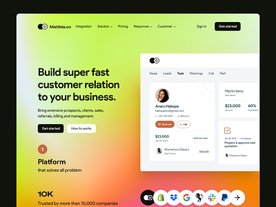 CRM - web page branding business crm customer relation dashboard get started gradients logos matilda platform problem sudhan web