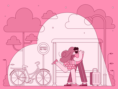 Lovers II bike bus stop couple flat heart hug love lovers outline style pink valentine vector