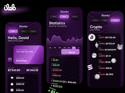 Stonkz. Finance App UI app budget crypto darkmode finance mobile money purple ui stylized ui