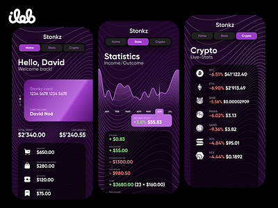 Stonkz. Finance App UI app crypto dark ui finance investing mobile money purple ui ui
