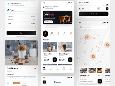 Coffein - Coffee Shop Mobile App app cafe checkout coffee coffee been coffee cup coffeeshop design drink expresso graphic design map order outlet shop ui ux