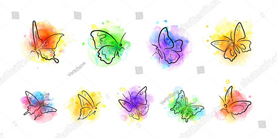 Butterflies. Brush sketches on bright watercolor splashes aquarelle bright butterflies calligraphy colorful design dreamy graphic design hand drawn illustration line art logo magical outline sketch splash summer vector vivid watercolor