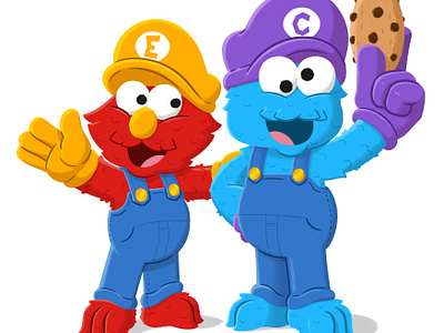 Elmario & Cookuigi character childrens cookie monster cute design elmo illustration kids lit nintendo sesame street super mario