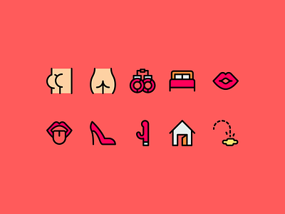 Erotic icons bed butt design dildo handcuffs icon icons illustration kiss lips minimal minimalism minimalist mouth show tongue vector