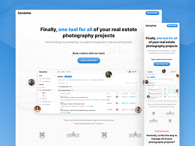 Tonomo: Home page automated scheduling crm software landing photography photography crm real estate self service booking payments teamwork tonomo
