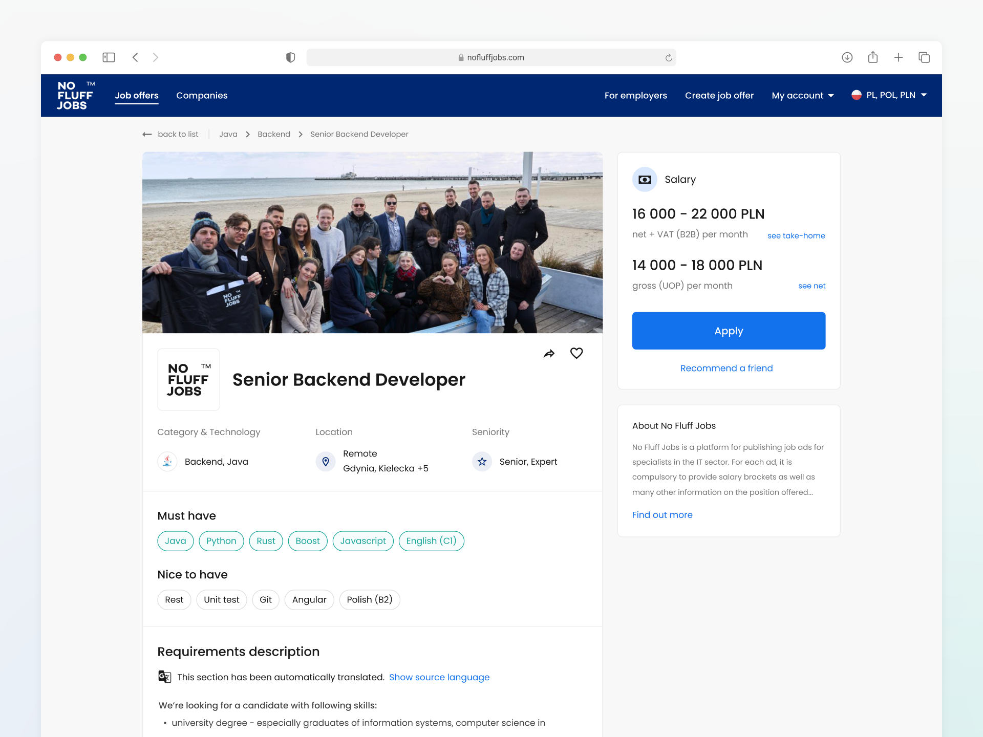 Job Offer Details Page ad blue breadcrumbs cta job offer menu navigation sections sidebar tags ui ux