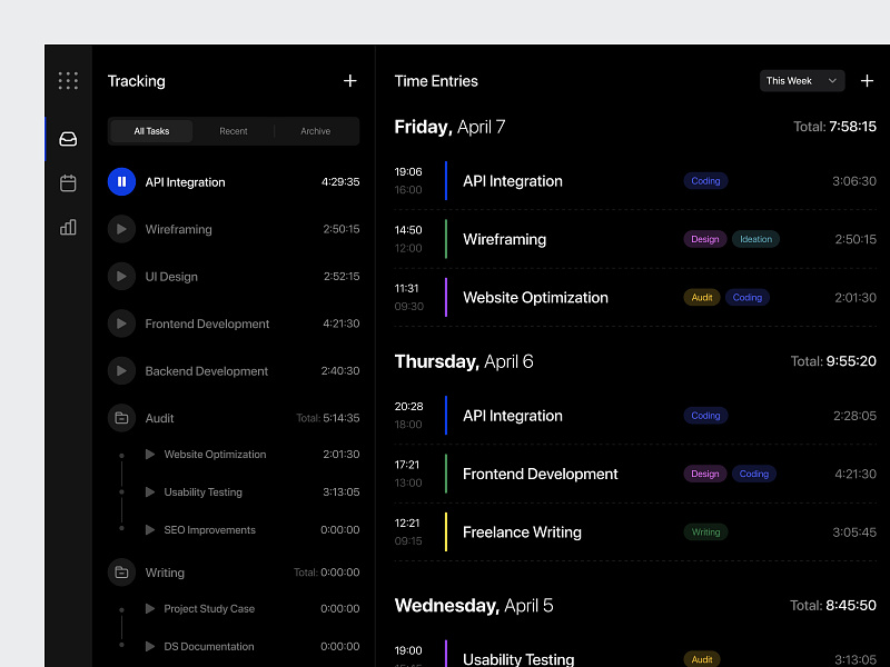 Timrrr - Tracking Dashboard 3d componnts dark dashboard dark ui dashboard dashboard component design explore landing navigation selasa agency sidebar time tracker app time tracker dashboard timer timrrr toolbar trending ui ui kit