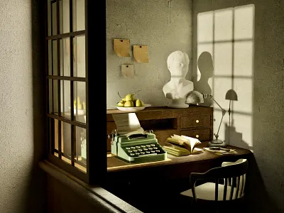 Old Room 3d art 3d artwork 3d book 3d design 3d fruit 3d illustration 3d studylight 3d typewriter 3d vintage 3d window 3d workplace 3d workspace illustration old room window