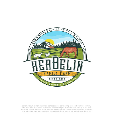 Logo Herbelin Family Farm cat chicken family farm farm horse logo logo branding logo design logo vintage mountain tree pine