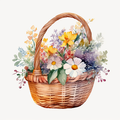 Basket with flowers watercolor anniversary background