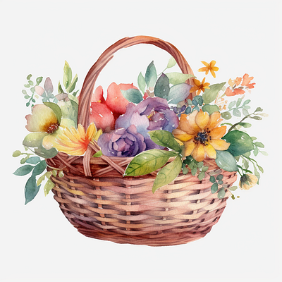 Basket with flowers watercolor anniversary background