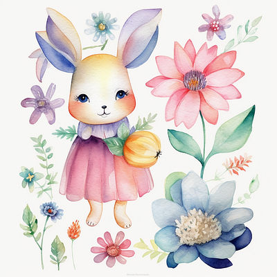 cute Colorfull rabbit watercolor animal illustration