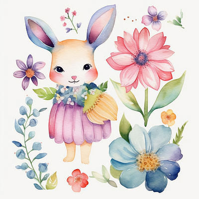 cute Colorfull rabbit watercolor animal illustration