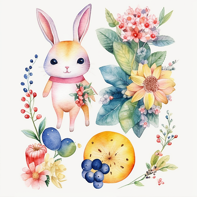 cute Colorfull rabbit watercolor animal illustration