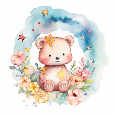 baby teddy bear sitting on sweet watercolor watercolor