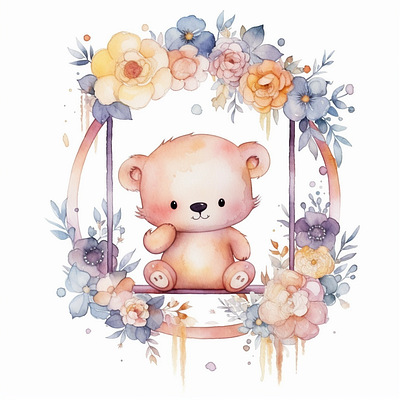 baby teddy bear sitting on sweet watercolor watercolor