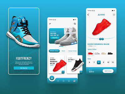 Shoe Selling App- FOOTFRENZY adidas app app design blue clean ecommerce futuristic shoes market market place minimal mobile app nike online store product selling shoe store shoes shopping ui ui design