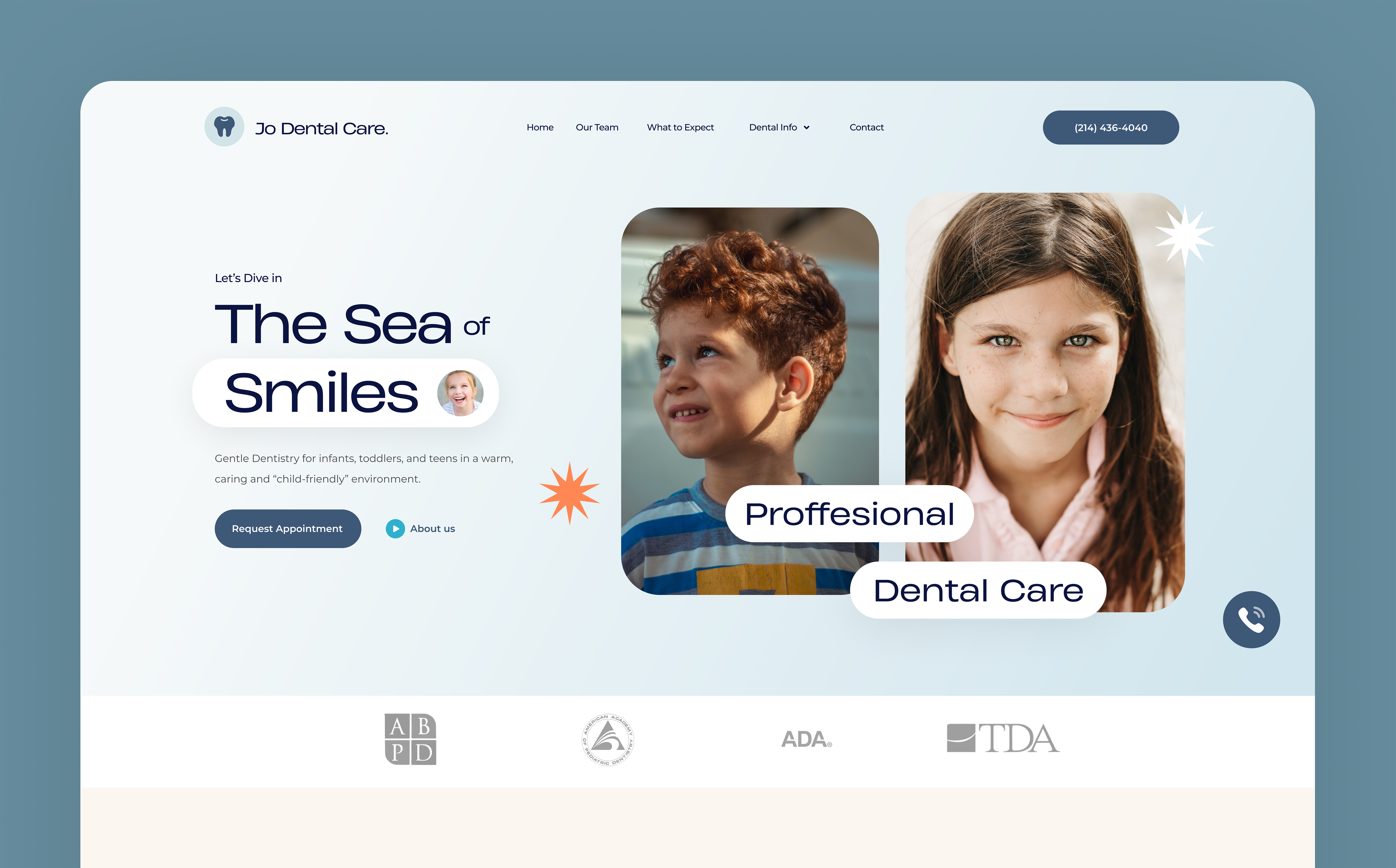 Jo Dental Care. Dental Services Website Design child children clinic dental dentist design kids modern ui unique user interface ux web web design website