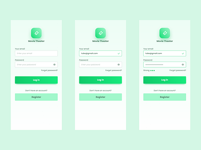 Login Screens - Movie Theater App app design dribbble figma graphic design hierarchy icon login minimal mobile movie register screen sign in ticket typography ui user experience user interface ux