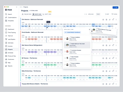 Projects | High-Level Month View admin app assign clean ui complex ux contractors designer drag drop labor managers month view more projects saas slide tasks slots time tracking user experience web working hours