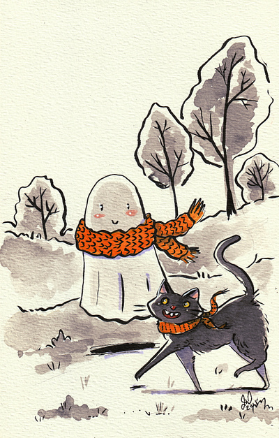 Fall with Ghost and Friend art design illustration