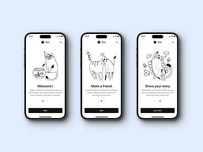 Purr ✦ Cat friendship app 3d animation app branding dating design graphic design illustration interface login logo meet mobile motion graphics onboarding pet typography ui ux vector