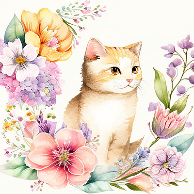 Cute Cat Watercolor with Spring Flower Clipart cat easter flower spring watercolor