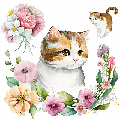 Cute Cat Watercolor with Spring Flower Clipart cat flower spring watercolor