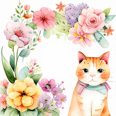 Cute Cat Watercolor with Spring Flower Clipart cat watercolor wild