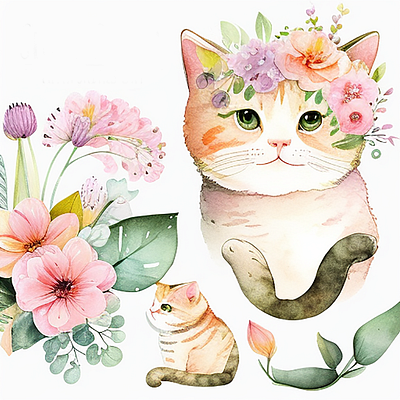 Cute Cat Watercolor with Spring Flower Clipart cat flower spring watercolor