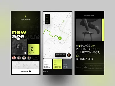 Fitness community app banking chat community dark dashboard fitness graph green location map mobile modern online people tracking typography ui virtual white yellow