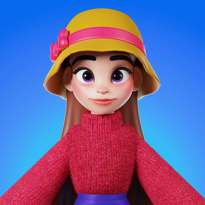 The Girl with the Pink sweater & Yellow Bucket hat 3d characterdesign