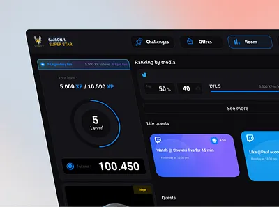 Fanprime WEB 3 platform for fans app cards clean dark dashboard desktop app game gaming nft platform progressbar responsive sidebar tabs token ui user interface ux vitality web3
