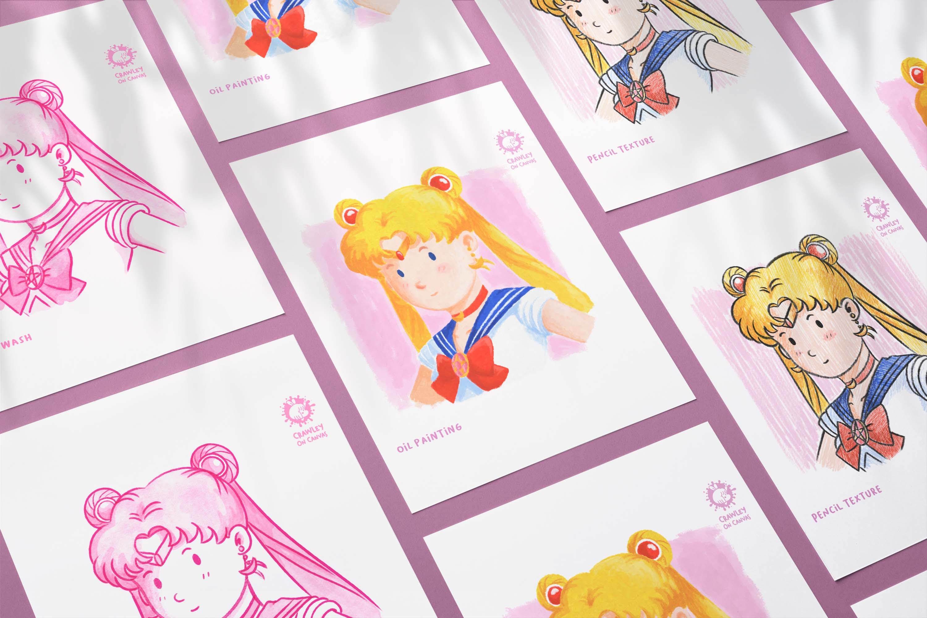 Sailor Moon in Different Painting Mediums anime anime character art artpreneurprogram crayon digital art digital painting digitalart digitaldrawing gouache illustration ink and wash inking oil painting painting pencil sketch sailor moon watercolour