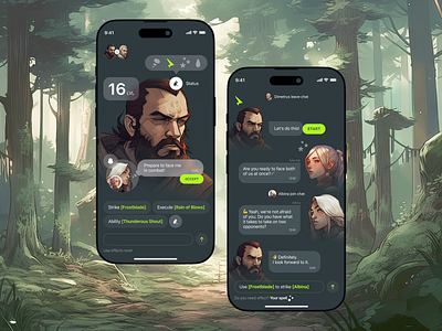 RPG Game Chat - Mobile App Concept battle character chat chat bot communications forest friends game illustrations invitations magic messages mobile mobile app profile rpg ui ux warrior